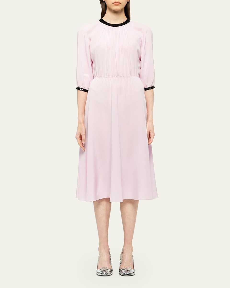 Pleated Crepe Midi Dress w/ Contrast Sequined Trim
